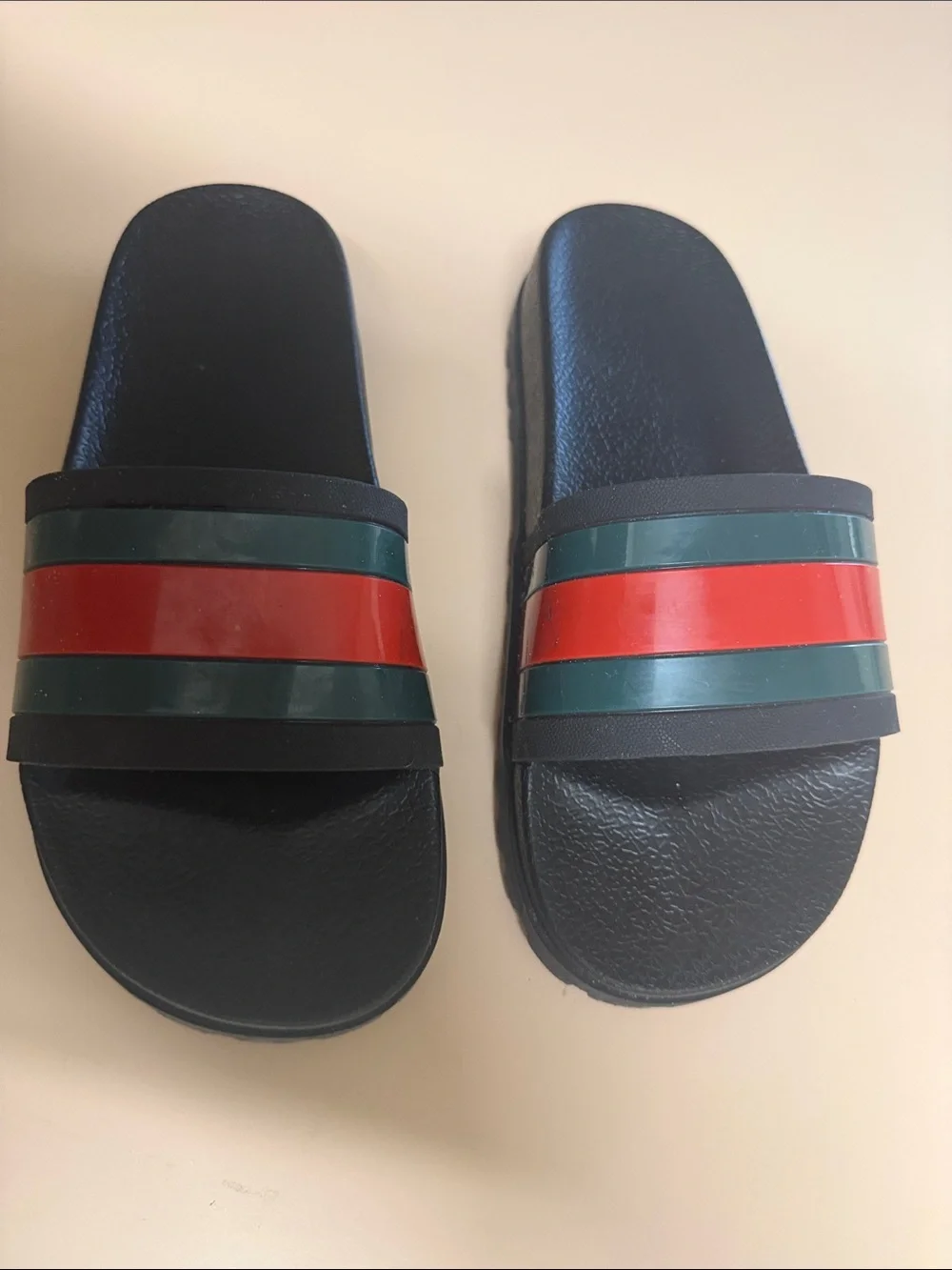 Gucci Black Slide Sandals with Red and Green Stripes
